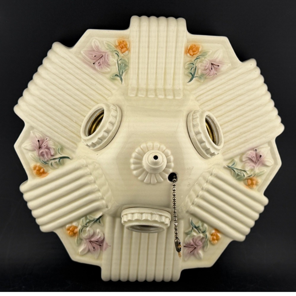 Vintage Porcelier Art Deco Floral Porcelain Flush Mount 3-Light Ceiling Fixture